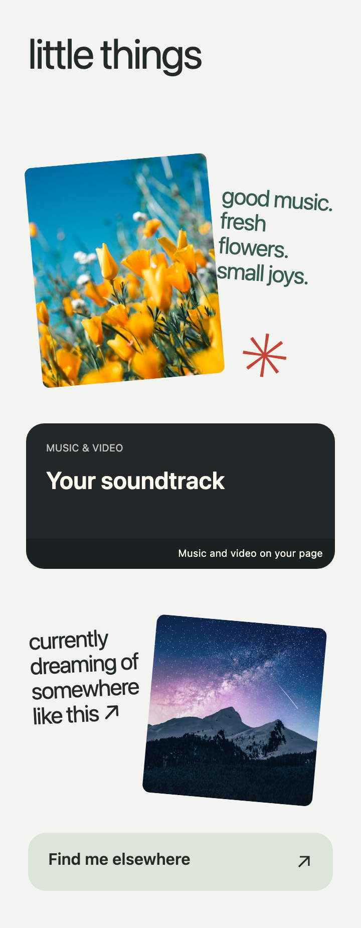 A Yours collage of golden flowers, a soundtrack and a starry mountain photograph.